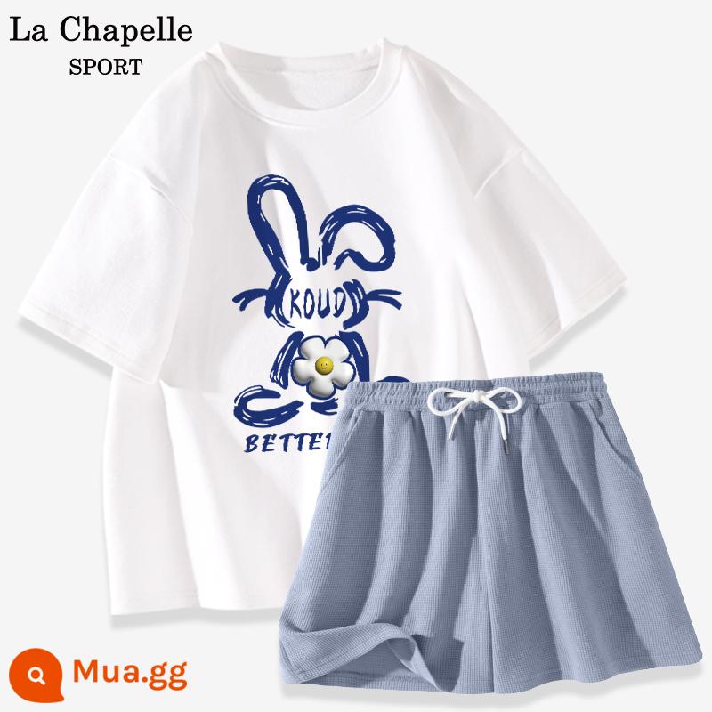 Bộ đồ thể thao La Chapelle nữ 2023 cotton mùa hè mới quần đùi ngắn tay giản dị bộ đồ hai mảnh giảm tuổi X - Trắng (đường thỏ) + xanh (trống)