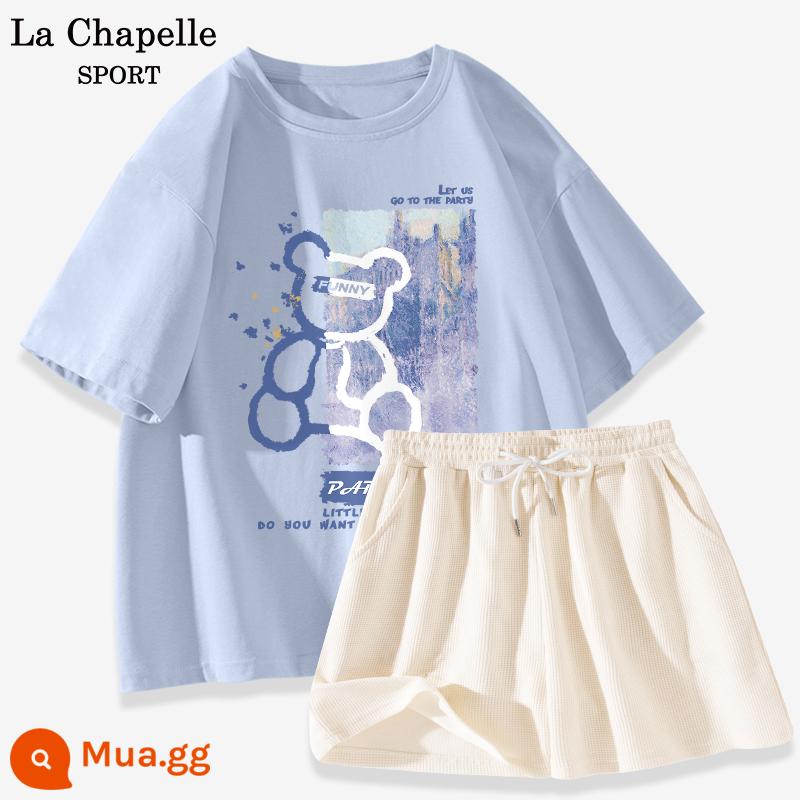 Bộ đồ thể thao La Chapelle nữ 2023 cotton mùa hè mới quần đùi ngắn tay giản dị bộ đồ hai mảnh giảm tuổi X - Xanh nhạt (gấu xanh) + trắng sữa (trống)