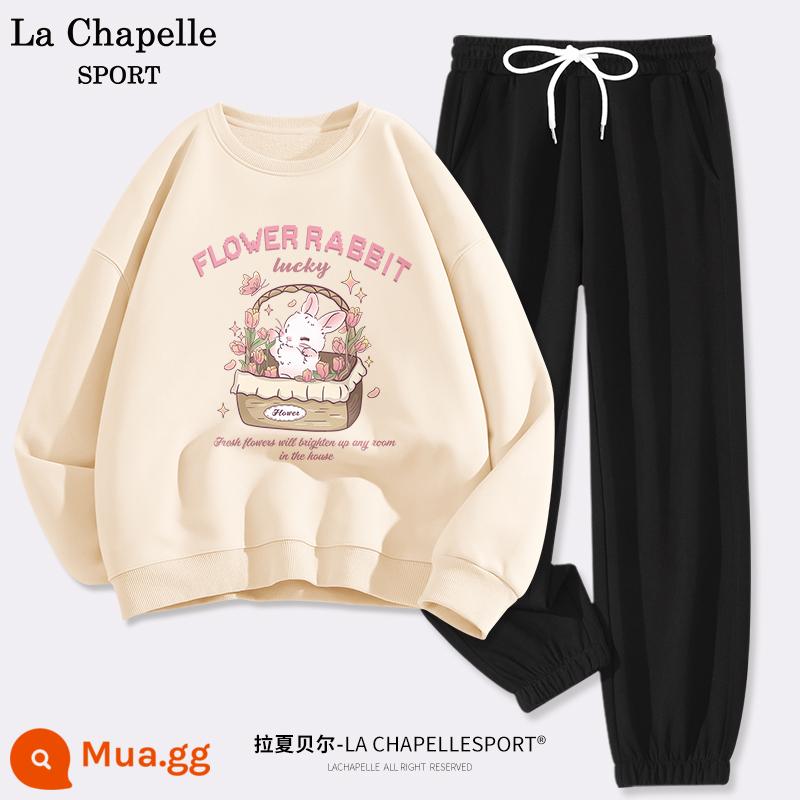 La Chapelle Bộ Đồ Thể Thao Nữ 2023 Mới Thu Đông Sinh Viên Cổ Tròn Và Nhung Quần Âu Bộ 2 W - Màu trắng sữa (thỏ nôi) + đen (trống)