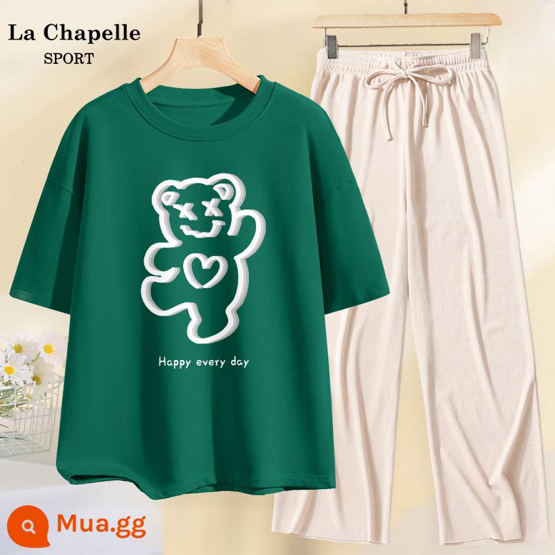 Bộ đồ thể thao nữ mùa hè 2023 áo thun cotton ngắn tay lụa băng quần ống rộng thường ngày 2 mảnh mùa hè X - Xanh đậm (Happy Bear) + Quần Mai (Trơn màu)