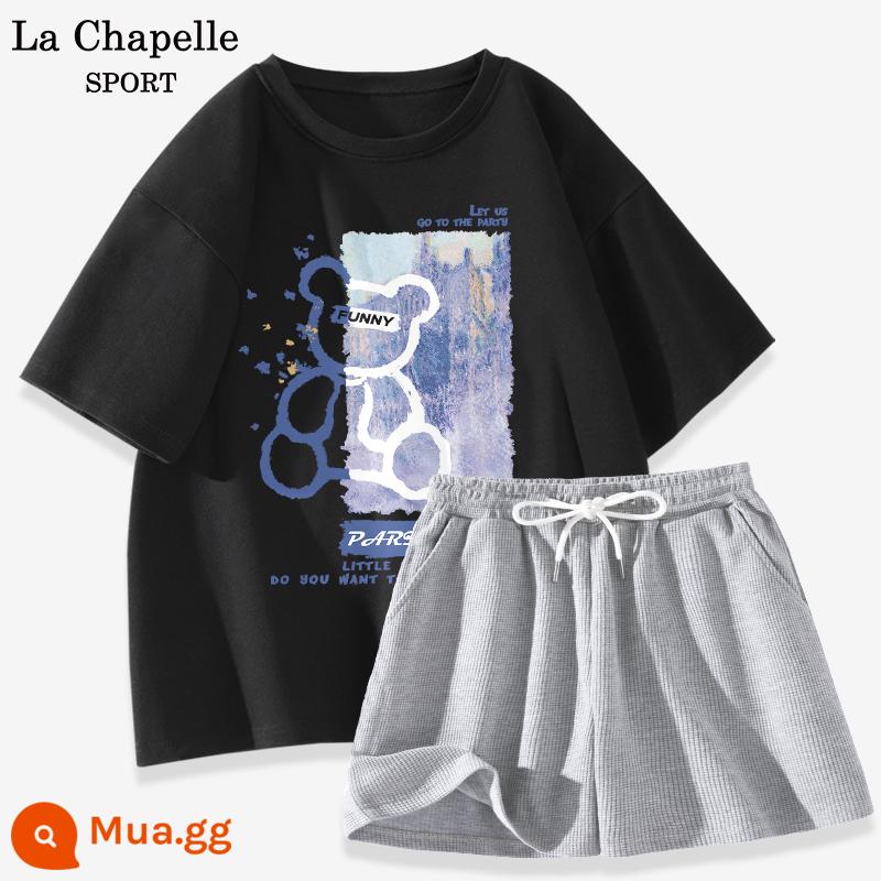 Bộ đồ thể thao La Chapelle nữ 2023 cotton mùa hè mới quần đùi ngắn tay giản dị bộ đồ hai mảnh giảm tuổi X - Đen (gấu xanh) + xám gai dầu (trống)