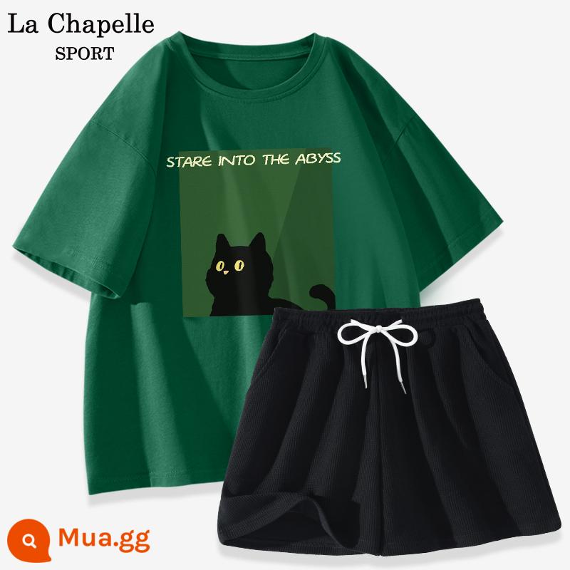 Bộ đồ thể thao La Chapelle nữ 2023 cotton mùa hè mới quần đùi ngắn tay giản dị bộ đồ hai mảnh giảm tuổi X - Xanh đậm (không trộm) + đen (trống)