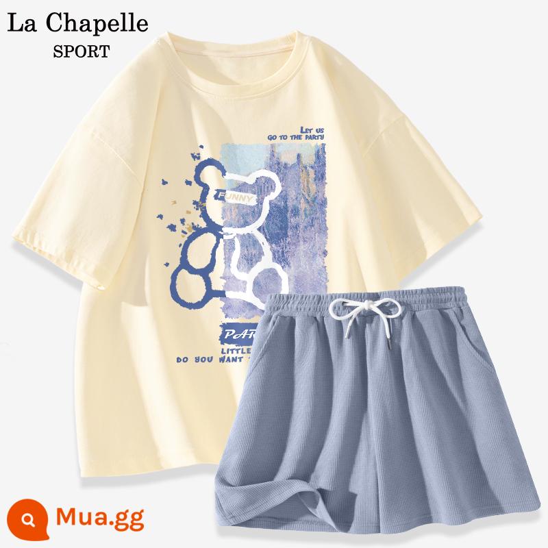 Bộ đồ thể thao La Chapelle nữ 2023 cotton mùa hè mới quần đùi ngắn tay giản dị bộ đồ hai mảnh giảm tuổi X - Màu trắng sữa (gấu xanh) + xanh (trống)