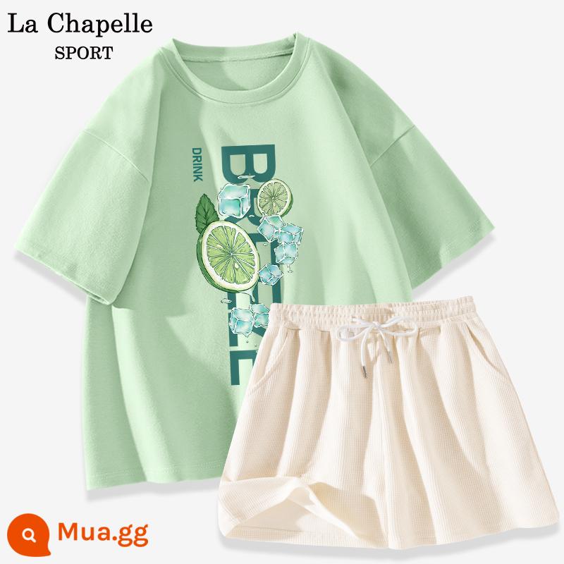 Bộ đồ thể thao La Chapelle nữ 2023 cotton mùa hè mới quần đùi ngắn tay giản dị bộ đồ hai mảnh giảm tuổi X - Quả xanh (mát vào mùa hè) + trắng sữa (trống)