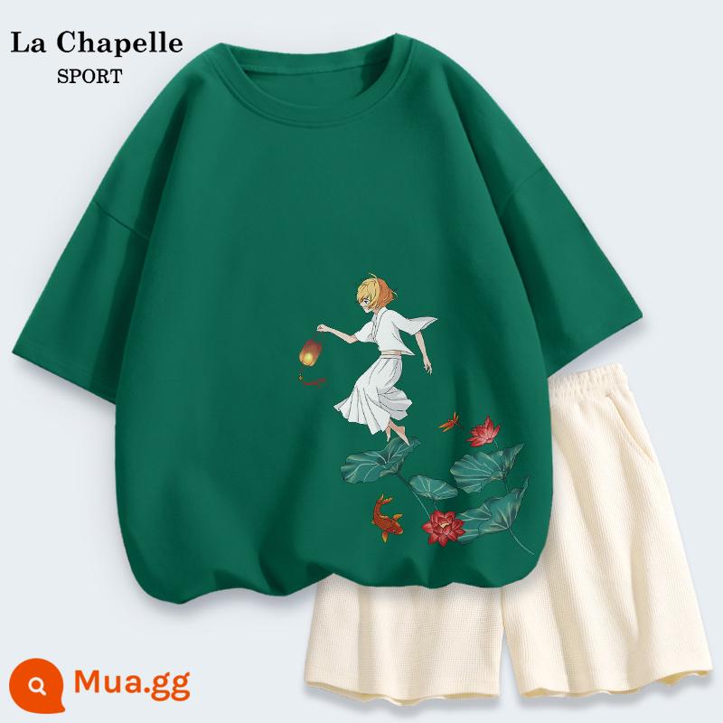 La Chapelle Quần Short Ngắn Tay Bộ Đồ Thể Thao Nữ Mùa Hè 2023 Áo Thun Nữ Thời Trang Mùa Hè Thường Hai Mảnh X - Màu xanh đậm (chỉ số dưới bên trái trong vườn) + màu trắng sữa (để trống)