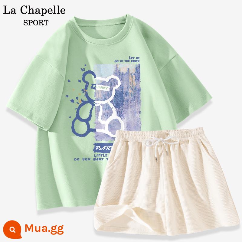 Bộ đồ thể thao La Chapelle nữ 2023 cotton mùa hè mới quần đùi ngắn tay giản dị bộ đồ hai mảnh giảm tuổi X - Quả xanh (gấu xanh) + trắng sữa (trống)