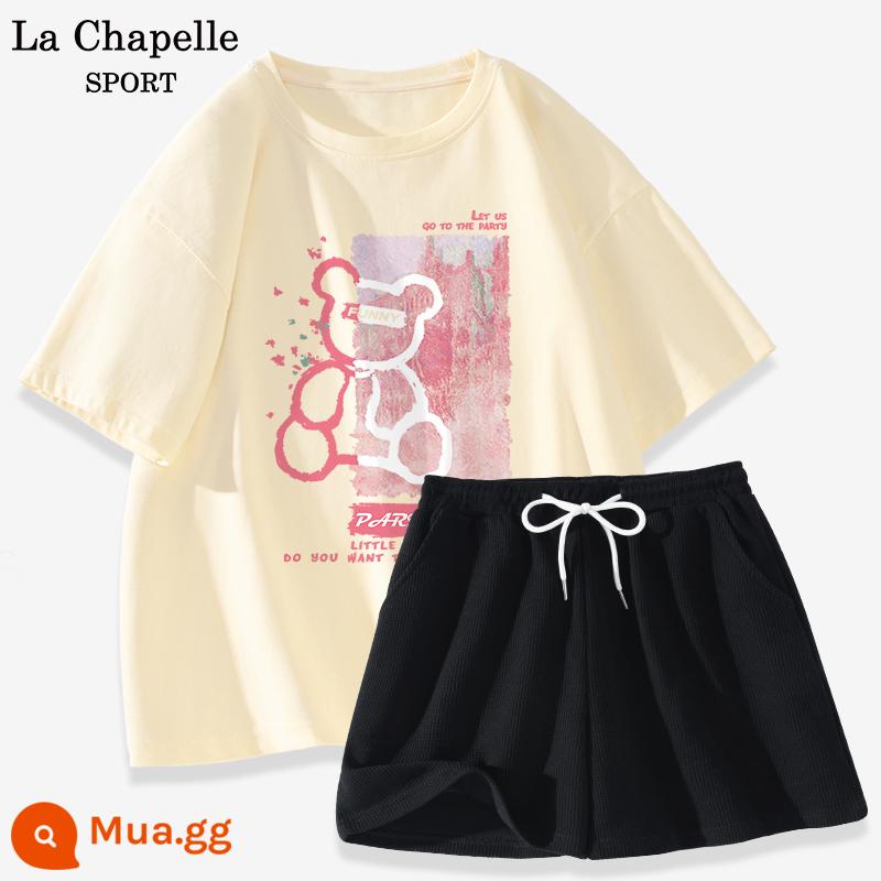 Bộ đồ thể thao La Chapelle nữ 2023 cotton mùa hè mới quần đùi ngắn tay giản dị bộ đồ hai mảnh giảm tuổi X - Màu trắng sữa (sơn dầu gấu) + đen (trống)