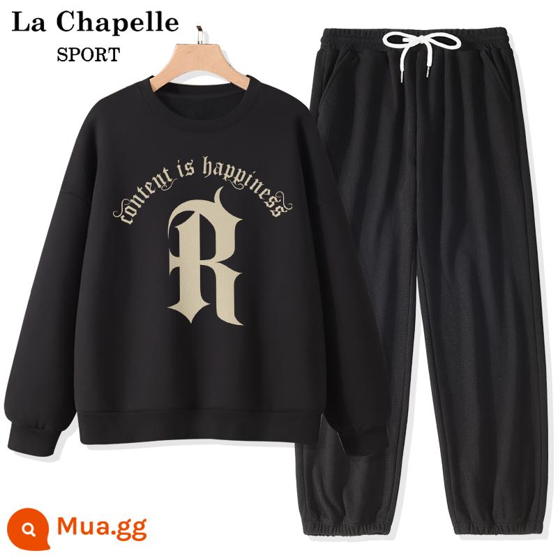 La Chapelle cotton dày cổ tròn T nữ mùa xuân và mùa thu 2023 mỏng phần nhỏ cho nữ thường ngày của sinh viên bộ đồ thể thao nữ X - Đen (phông chữ cổ điển lớn) + đen (trống)