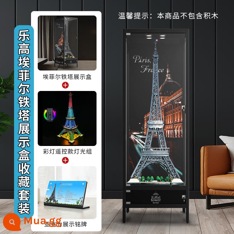 LYB thích hợp cho Lego 10307 Paris Tháp Eiffel hộp trưng bày acrylic trong suốt đèn LED DIY - Tủ trưng bày tháp sắt đen + Bộ đèn điều khiển từ xa (kèm bảng tên)