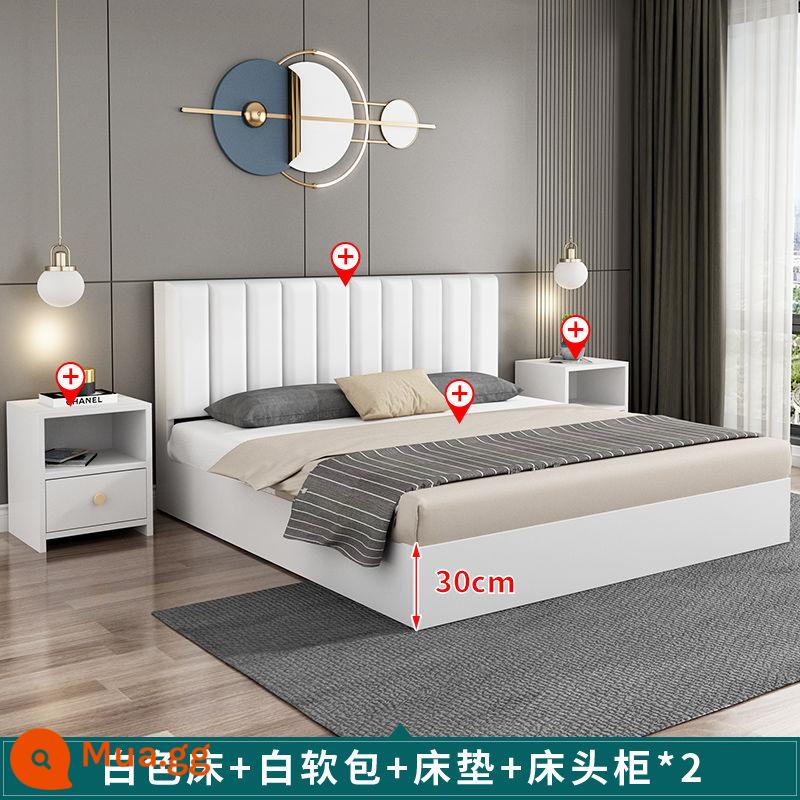 Giường gỗ đặc giường đôi phòng ngủ chính giường ván 1,8m Giường đơn gia đình 1,5m Giường phòng cho thuê tiết kiệm 1,2m - 30 giường cao màu trắng + túi mềm màu trắng + nệm + bàn cạnh giường ngủ * 2