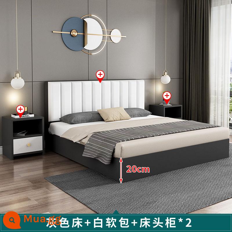 Giường gỗ đặc giường đôi phòng ngủ chính giường ván 1,8m Giường đơn gia đình 1,5m Giường phòng cho thuê tiết kiệm 1,2m - 20 giường cao màu xám+túi mềm màu trắng+bàn đầu giường*2