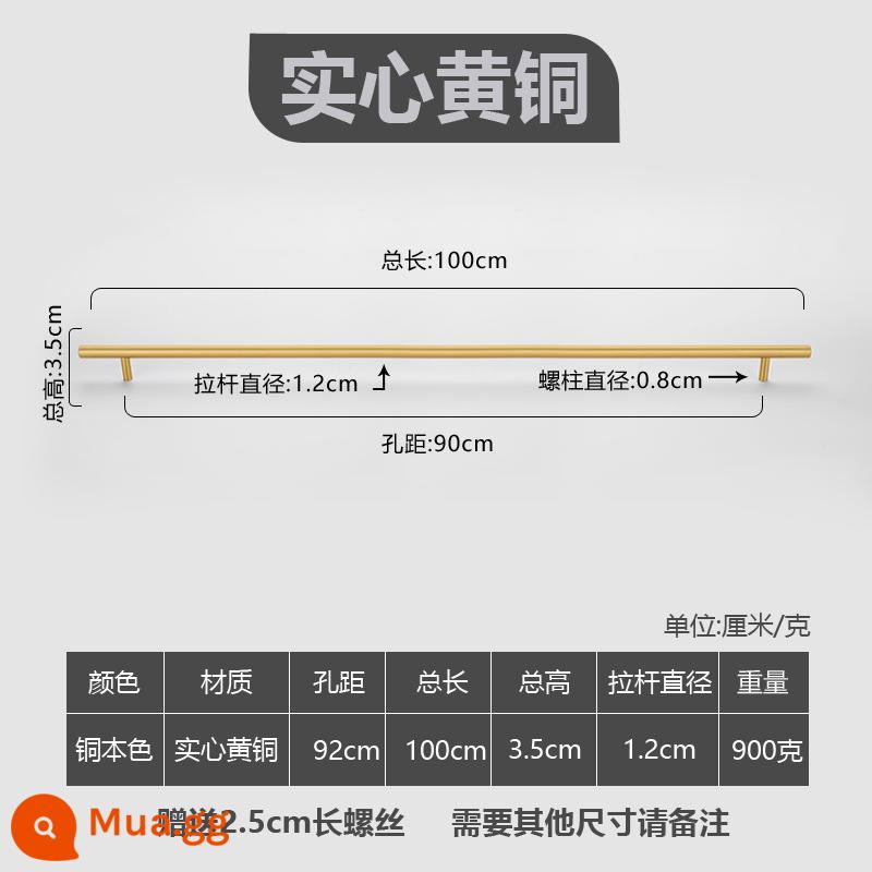 Tay nắm cửa tủ bằng đồng nguyên chất tối giản hiện đại 1 lỗ ngăn kéo tủ tổng thể tủ tủ quần áo Bắc Âu ánh sáng vàng sang trọng tay cầm bằng đồng - Khoảng cách lỗ 90cm - tổng chiều dài 100cm