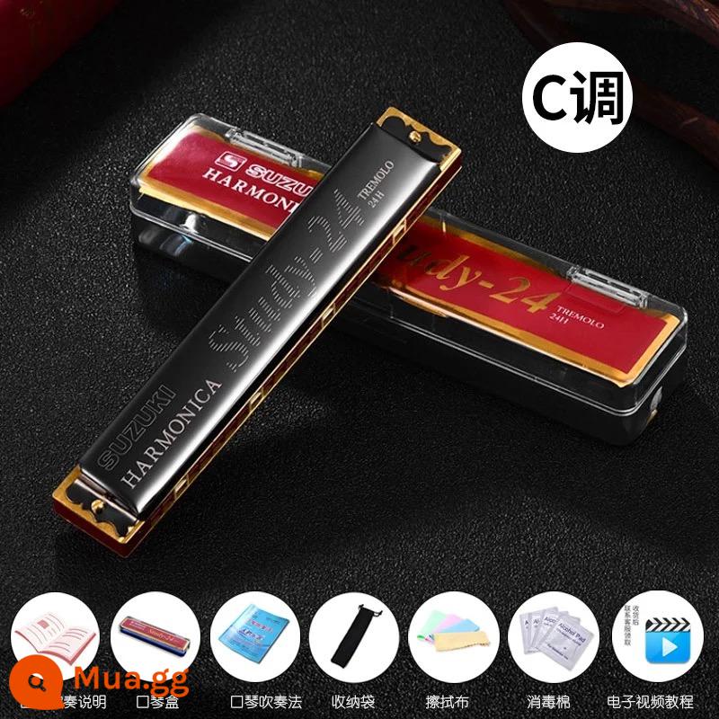 Giai điệu harmonica đa âm Suzuki 24 lỗ chính hãng của Nhật Bản A/F/G/C/#C dành cho người mới bắt đầu và sinh viên trình độ chơi chuyên nghiệp ở cấp độ đầu vào - SUZUKI-24 lỗ tone C đen + trọn bộ quà tặng + video