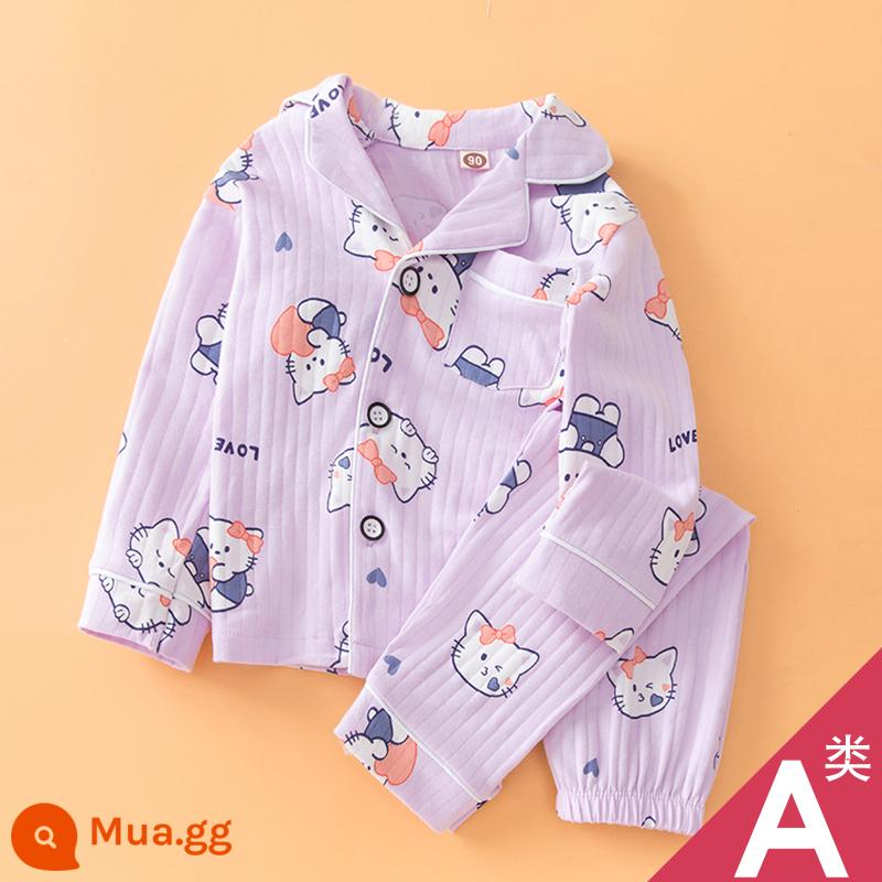 Bộ Đồ Ngủ Trẻ Em Bé Trai Xuân Thu Bé Nhà Bộ Quần Áo Mùa Thu Lớp A Trẻ Em Nguyên Chất Cotton Tay Dài Bé Trai cotton - Mèo Cardigan Cotton-Cardigan Màu Tím Khỏe Mạnh