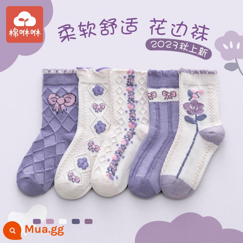 Vớ bé gái cotton nguyên chất mùa thu và mùa đông vớ giữa ống cho bé vớ cotton dày mùa đông vớ trẻ em vớ bé gái mùa xuân và mùa thu vớ trẻ em - Tulip Tím-5 đôi [tất cotton chải kỹ]