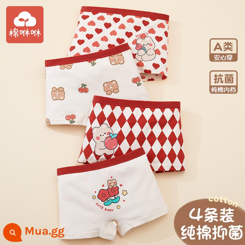 Đồ lót bé gái quần đùi cotton nguyên chất quần đùi bé gái quần boxer trẻ em bé gái cotton quần an toàn cho trẻ em 12 tuổi - Rose Bunny-4 miếng-[Phiên bản nâng cấp hạng A]