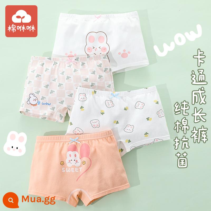 Đồ lót bé gái quần đùi cotton nguyên chất quần đùi bé gái quần boxer trẻ em bé gái cotton quần an toàn cho trẻ em 12 tuổi - Thỏ tươi tắn và dễ thương-4 miếng [Phiên bản nâng cấp loại A]