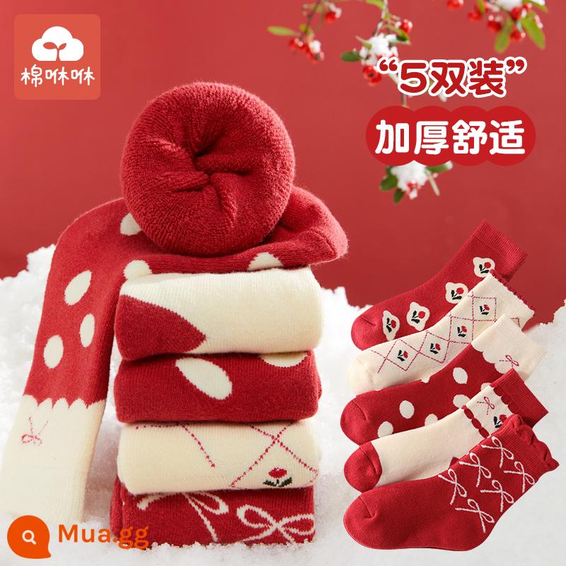 Vớ bé gái mùa đông dày ấm bông tất trẻ em cotton nguyên chất ống giữa vớ cotton mùa thu đông cho bé Plus nhung khăn tất - Công chúa Tết-5 đôi mẫu dày mùa đông