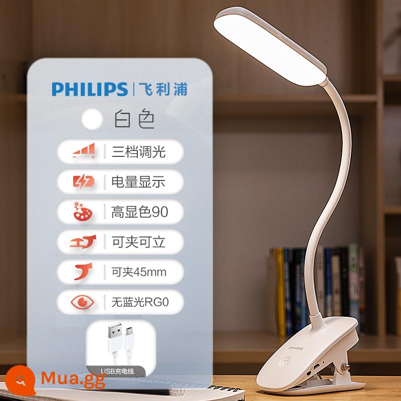 Philips Clip Đèn bàn đèn LED Đèn bảo vệ mắt sạc đèn bàn nhỏ Kẹp bàn học tập của học sinh để đọc đèn giường ngủ - [Mẫu nâng cấp loại thanh丨Trắng] 1800 mAh + màn hình nguồn + sạc và cắm kép