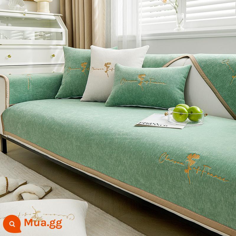 Chenille sofa đệm bốn mùa đa năng đệm ghế chống trượt tối giản hiện đại bọc ghế sofa da bao gồm tất cả vải bọc phổ quát - Hoa trà thêu màu xanh lá cây