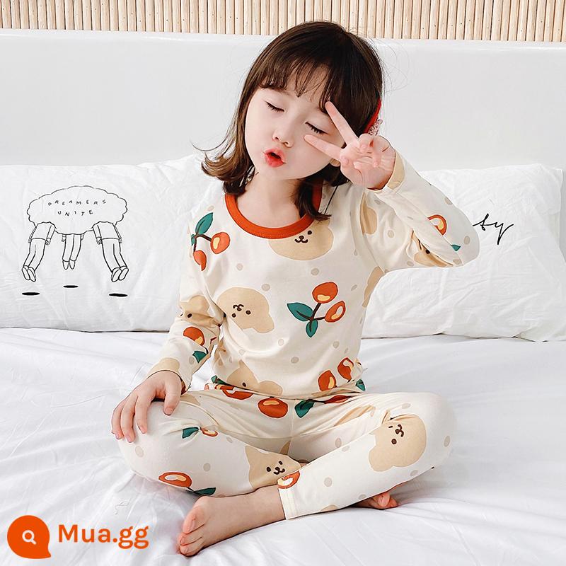 Bộ quần áo mùa thu và quần vệ sinh bé trai, đồ ngủ trẻ em cotton mỏng nguyên chất, bộ đồ lót bé gái, quần áo giữ nhiệt cotton bé trai - [Phong cách xuân thu] Gấu hoa mai anh đào