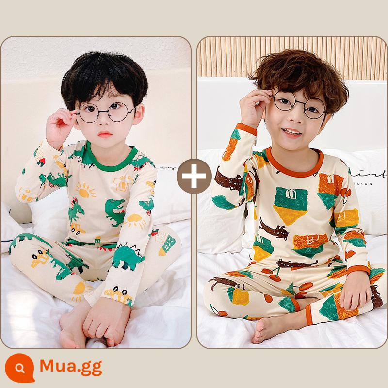 Bộ quần áo mùa thu và quần vệ sinh bé trai, đồ ngủ trẻ em cotton mỏng nguyên chất, bộ đồ lót bé gái, quần áo giữ nhiệt cotton bé trai - [Phong cách xuân thu] Stegosaurus xanh nắng + Nhà mèo