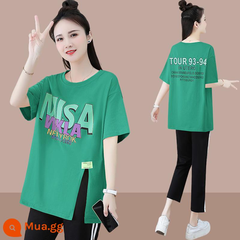 Cotton Nguyên Chất Thời Trang Nữ Mùa Hè 2023 Mới Mỡ Mm Rời Size Lớn Ôm Thời Trang Cổ Tròn 2 bộ - Nhóm 1676+1406#Bộ đồ xanh