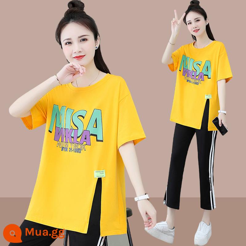 Cotton Nguyên Chất Thời Trang Nữ Mùa Hè 2023 Mới Mỡ Mm Rời Size Lớn Ôm Thời Trang Cổ Tròn 2 bộ - Nhóm 1676+1406 #bộ đồ màu vàng