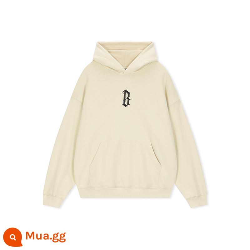 KHÔNG XƯƠNG cơ bản B từ chất nhầy in cộng với áo hoodie Mỹ dạo phố cao cấp retro dệt kim nặng trùm đầu áo - trà sữa trắng