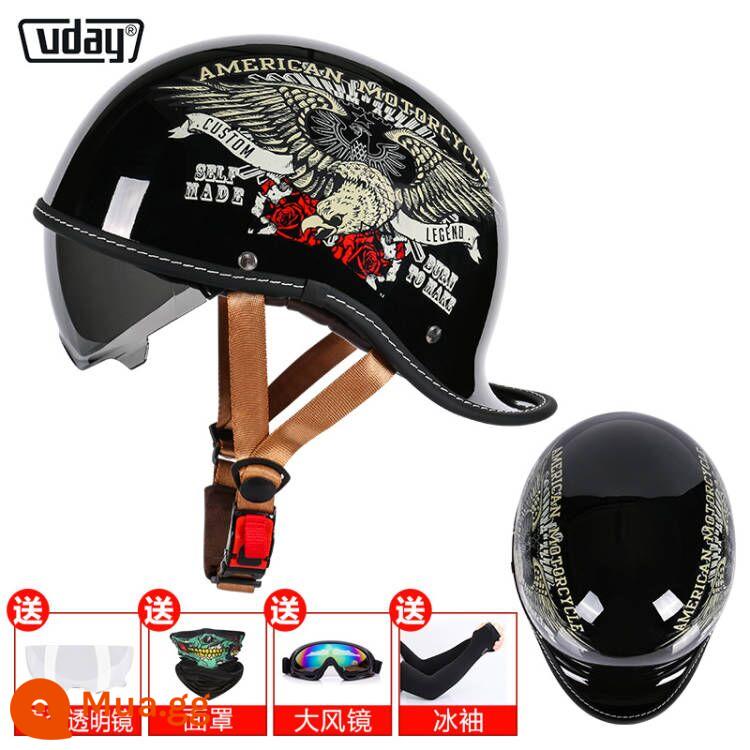 Alienmoto Retro Mũ Muỗng Mũ Bảo Hiểm Harley Alice Nửa Xe Điện Hoàng Tử Đầu Máy Nam Nữ Mũ Mùa Hè - Chứng nhận 3C - màu đen sáng