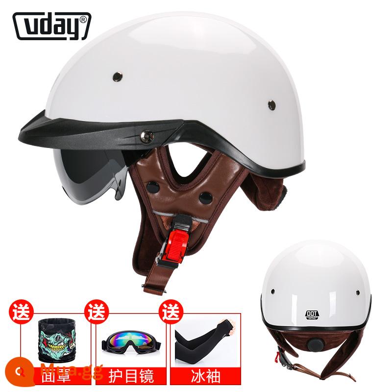 Alienmoto Mũ Retro Muỗng Mũ Bảo Hiểm Mùa Hè Mũ Bảo Hiểm Nửa Nam Nữ Điện Đầu Máy Xe Máy Harley Hoàng Tử Mỹ Đầu Máy - Sợi thủy tinh trắng sáng (có thể điều chỉnh độ kín)