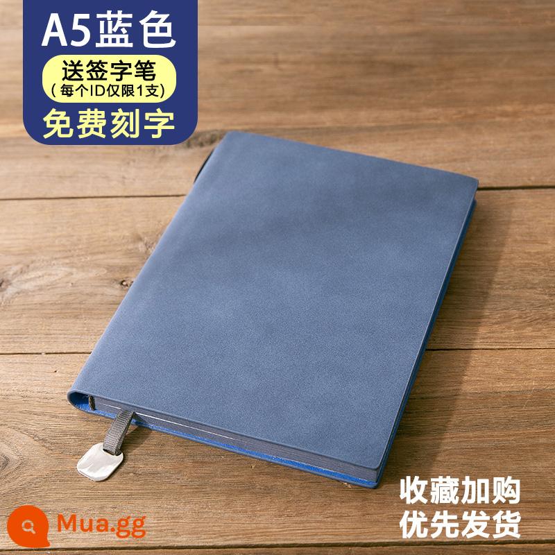 Máy tính xách tay kinh doanh đơn giản A5 sổ phụ doanh nghiệp tùy chỉnh logo có thể in chữ notepad văn phòng cao cấp làm việc cuộc họp sổ ghi chép da mềm nhật ký đường kẻ ngang dày da cừu cổ điển - màu xanh da trời