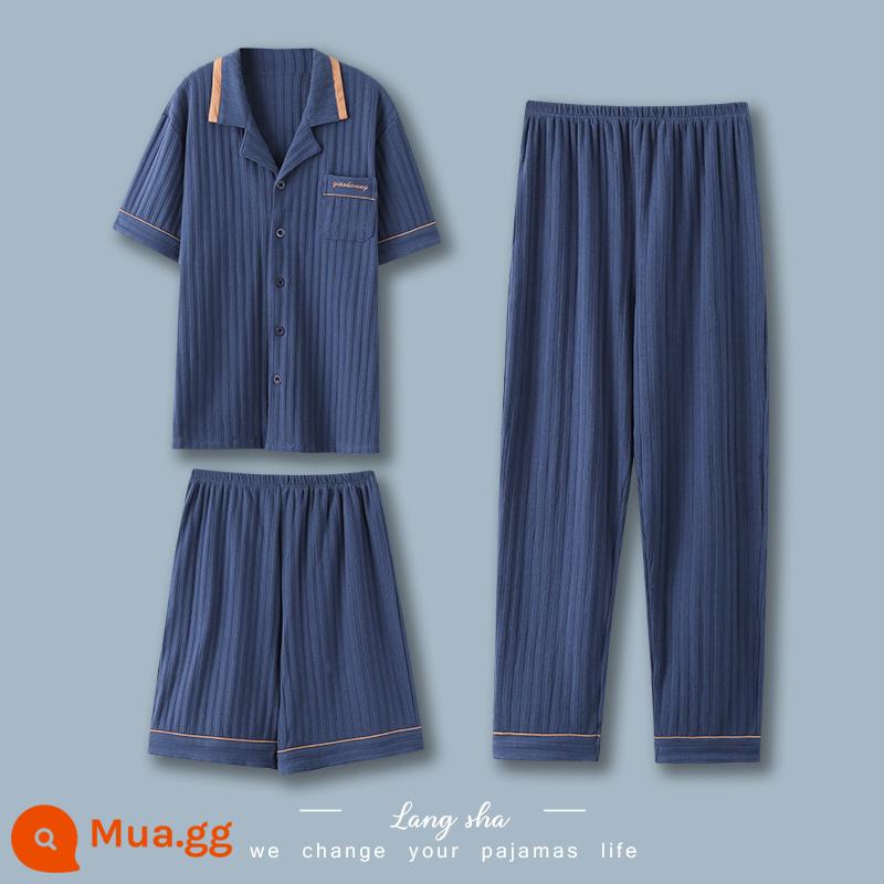 Bộ đồ ngủ nam Langsha mùa hè cotton nguyên chất quần ngắn tay nam cotton mỏng phần mùa hè kích thước lớn dịch vụ tại nhà bộ ba món - QKM7120+706