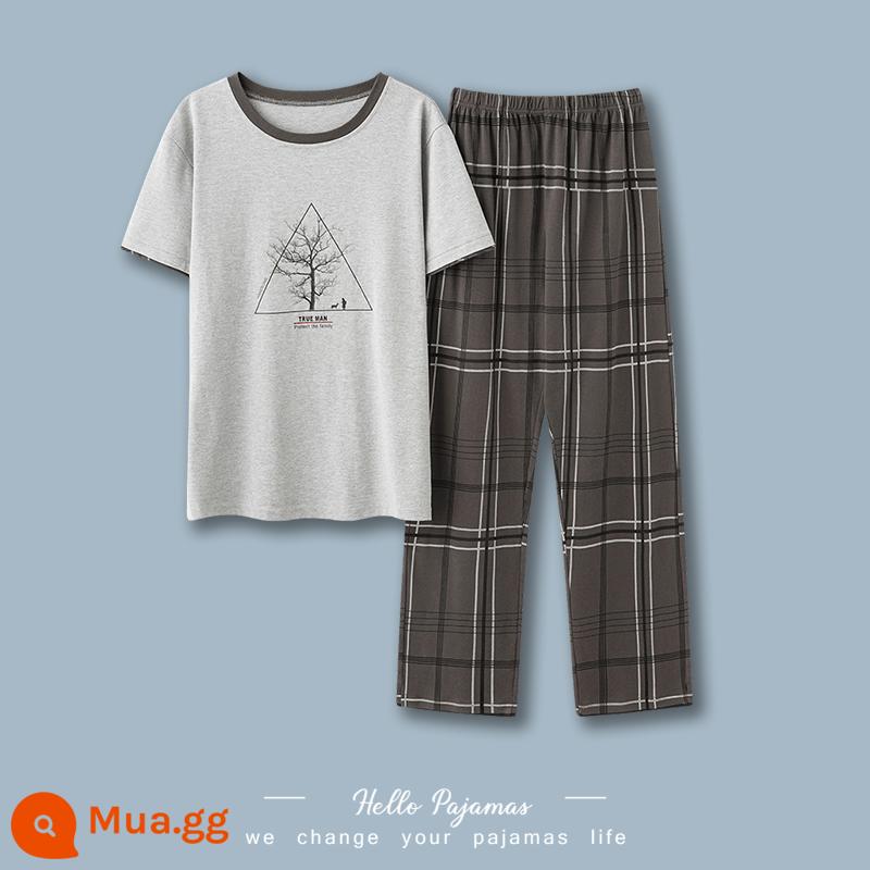 Langsha Bộ đồ ngủ nam mùa hè cotton nguyên chất quần ngắn tay mặc nhà nam mùa hè cotton mỏng kích thước lớn phù hợp với - NS3014