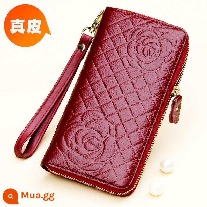 Ví Màu Vàng Da Thật Nữ Phiên Bản Dài May Mắn Công Suất Lớn Túi Clutch Dây Kéo Ví Nữ Túi Xách Da Mới - Khóa kéo đơn, họa tiết ca rô màu hạt dẻ, mấu kéo bằng da