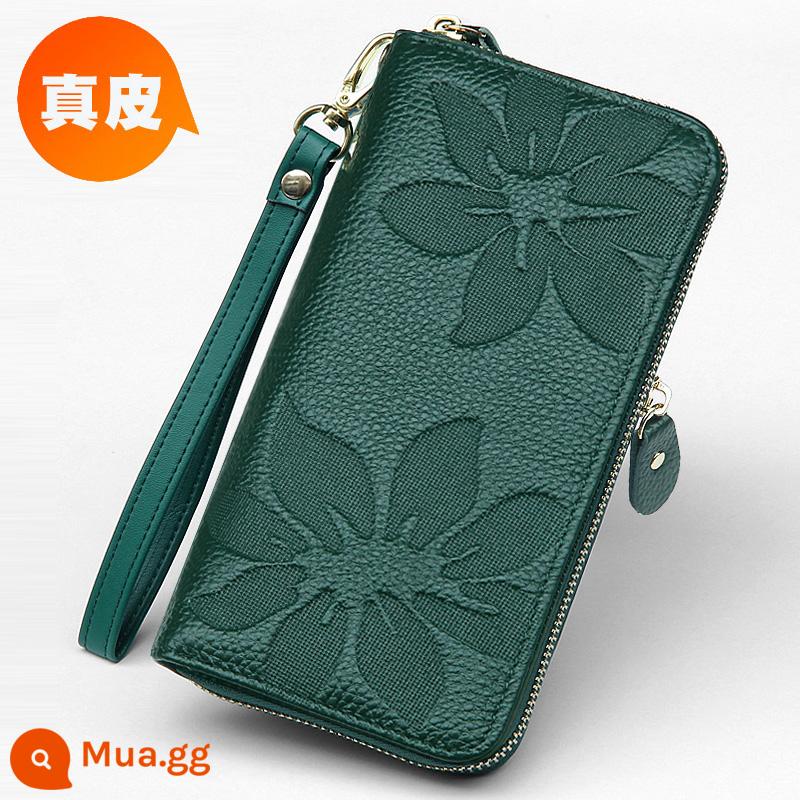 Ví Màu Vàng Da Thật Nữ Phiên Bản Dài May Mắn Công Suất Lớn Túi Clutch Dây Kéo Ví Nữ Túi Xách Da Mới - Dây kéo đơn, hoa mận xanh rêu, mấu kéo bằng da