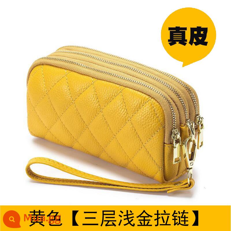 Ví nữ dây kéo 3 lớp da thật ví nữ dáng dài Clutch dung tích lớn Túi nhỏ đựng được điện thoại Lớp trên cùng da bò mềm - Hình thoi màu vàng sáng, dây kéo vàng nhạt, phiên bản dài vừa phải