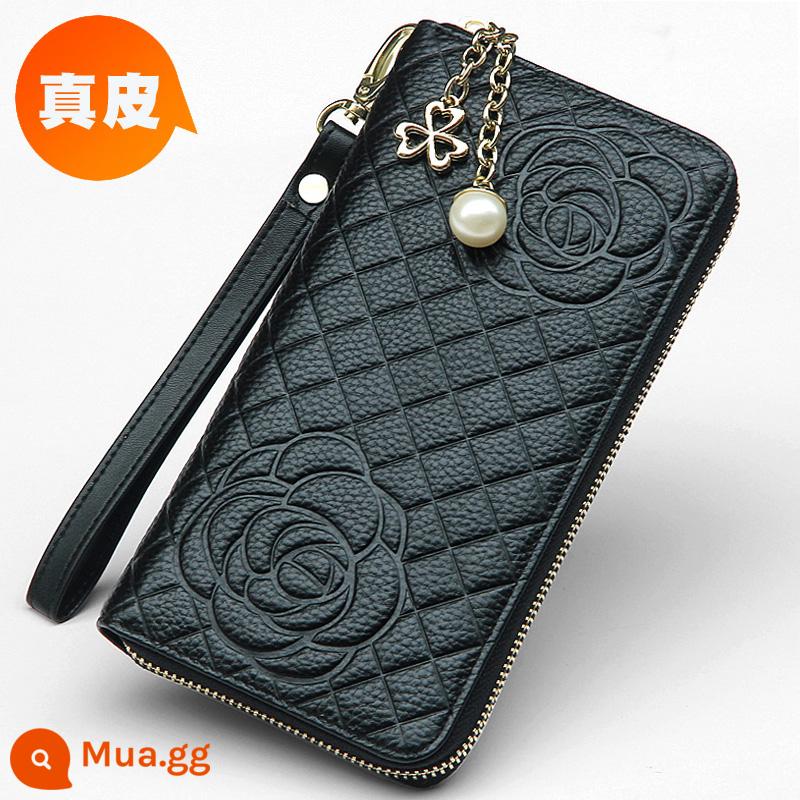 Ví Màu Vàng Da Thật Nữ Phiên Bản Dài May Mắn Công Suất Lớn Túi Clutch Dây Kéo Ví Nữ Túi Xách Da Mới - Dây kéo đơn, ngọc trai ca rô đen