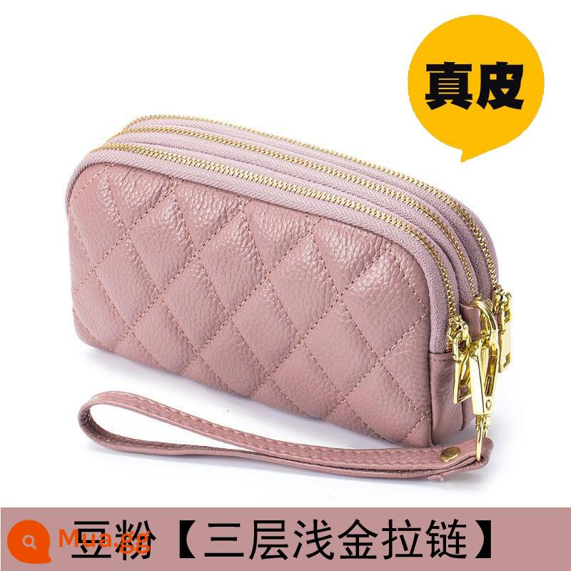 Ví nữ dây kéo 3 lớp da thật ví nữ dáng dài Clutch dung tích lớn Túi nhỏ đựng được điện thoại Lớp trên cùng da bò mềm - Hình thoi màu hồng đậu, dây kéo vàng nhạt, phiên bản dài vừa phải