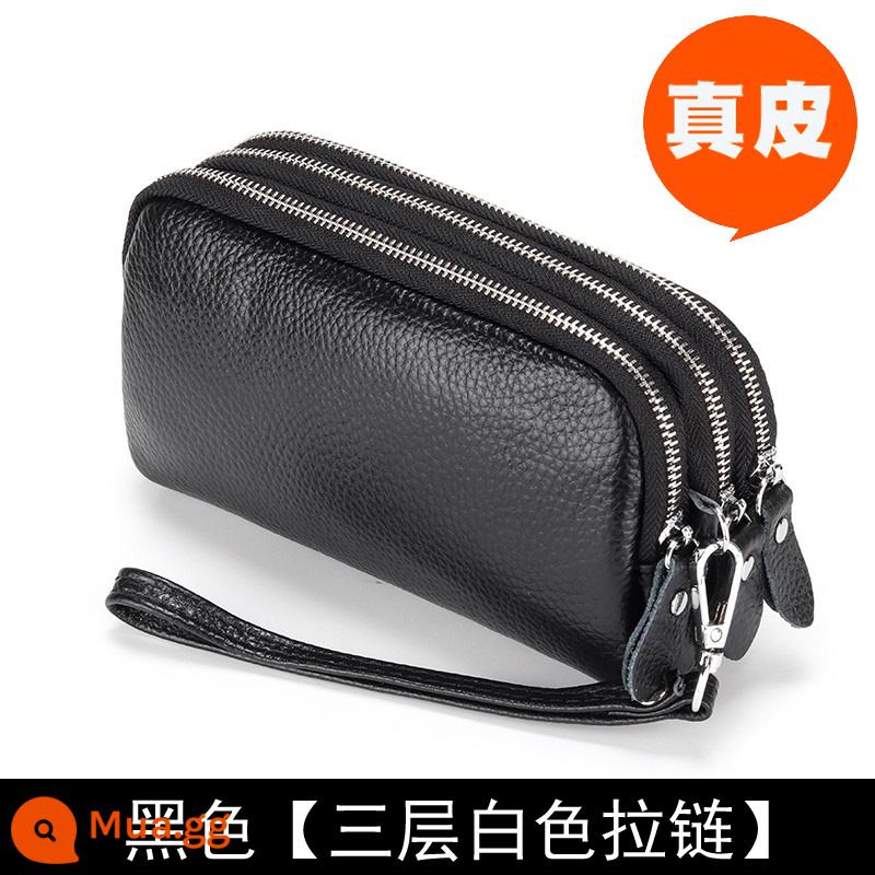 Ví nữ dây kéo 3 lớp da thật ví nữ dáng dài Clutch dung tích lớn Túi nhỏ đựng được điện thoại Lớp trên cùng da bò mềm - Dây kéo màu trắng, đen, dài vừa phải