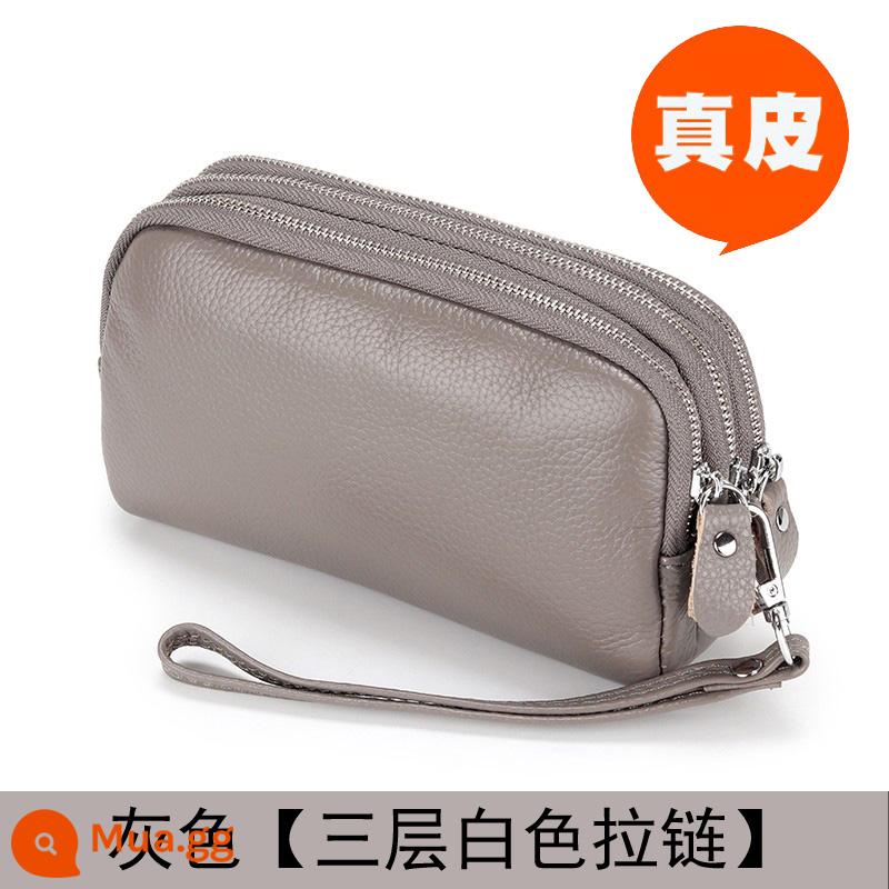 Ví nữ dây kéo 3 lớp da thật ví nữ dáng dài Clutch dung tích lớn Túi nhỏ đựng được điện thoại Lớp trên cùng da bò mềm - Dây kéo màu trắng, xám, dài vừa phải