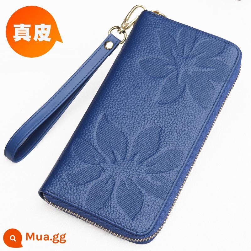 Ví Màu Vàng Da Thật Nữ Phiên Bản Dài May Mắn Công Suất Lớn Túi Clutch Dây Kéo Ví Nữ Túi Xách Da Mới - Dây kéo đơn, hoa mận xanh hoàng gia, mấu kéo bằng da