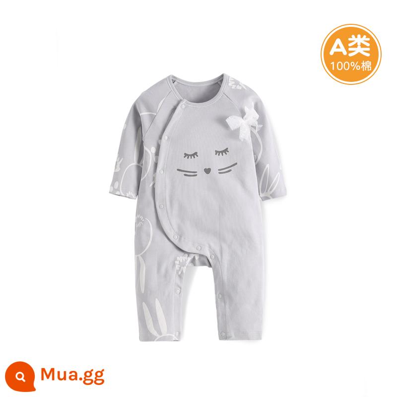 Quần áo cotton nguyên chất cho bé sơ sinh, áo liền quần có dây buộc mùa xuân thu, bé sơ sinh 0 đến 3 tháng đầy tháng, quần áo mùa xuân cho bé nam và nữ - MC3047 màu xám