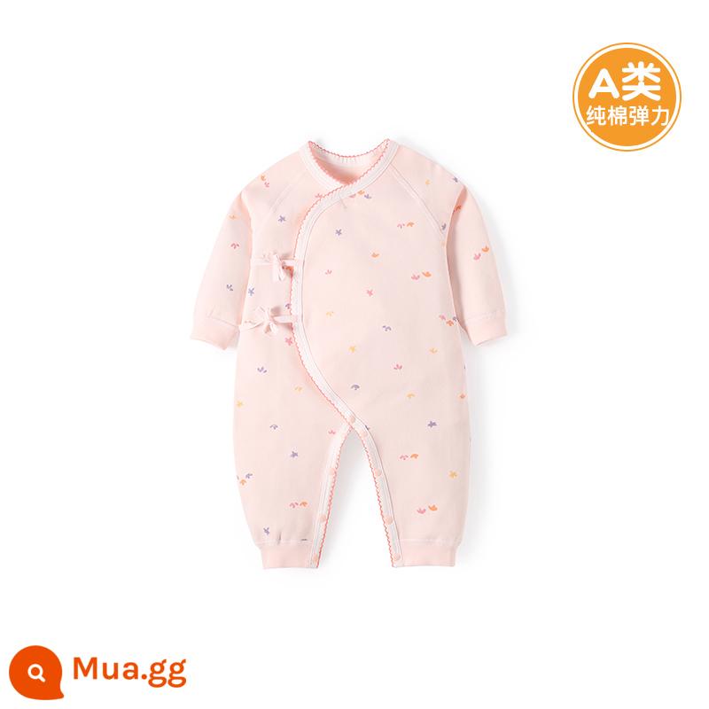 Quần áo cotton nguyên chất cho bé sơ sinh, áo liền quần có dây buộc mùa xuân thu, bé sơ sinh 0 đến 3 tháng đầy tháng, quần áo mùa xuân cho bé nam và nữ - MQ1904 màu hồng