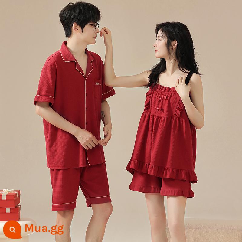 Cặp đôi đồ ngủ mùa hè cotton nguyên chất ngắn tay đám cưới lễ hội năm hoàng đạo màu đỏ mỏng phần cotton phục vụ tại nhà phù hợp với - Bộ đôi dây đeo CY2307