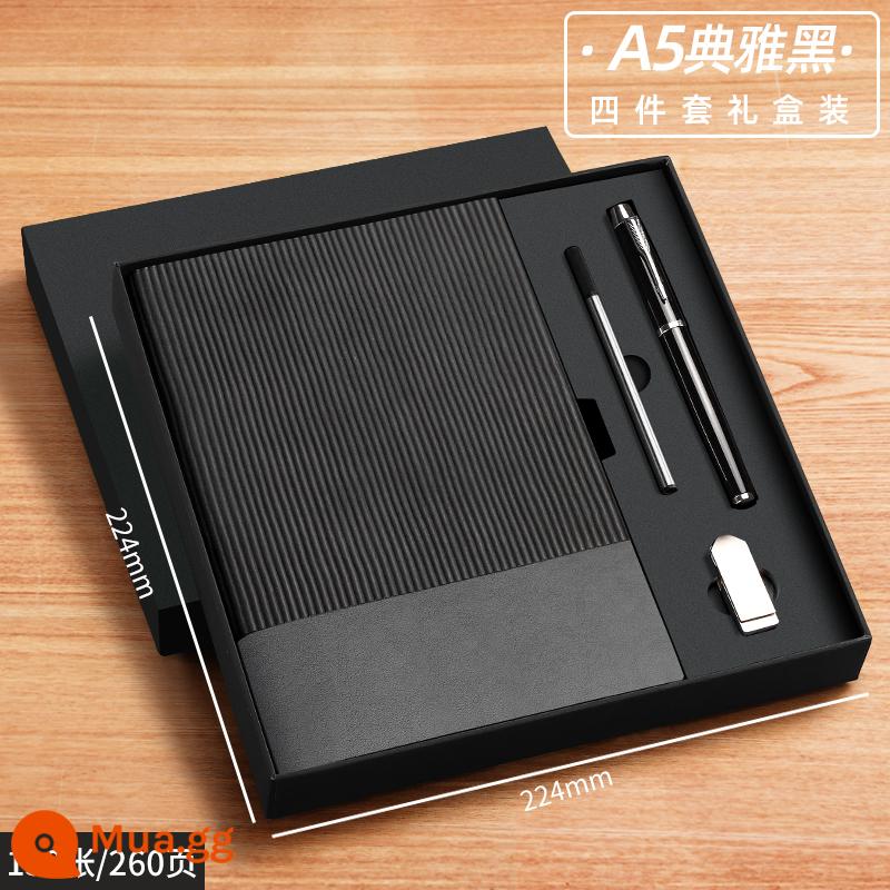 A6 máy tính xách tay cuốn sách nhỏ di động nhỏ mini xách tay bỏ túi văn phòng kinh doanh làm việc notepad cuốn sách nhỏ ghi nhớ cuộc họp cuốn sách tùy chỉnh có thể in logo - Bộ 4 món A5-Elegant Black (130 ảnh) (bút ký + ruột bút + ổ flash USB)