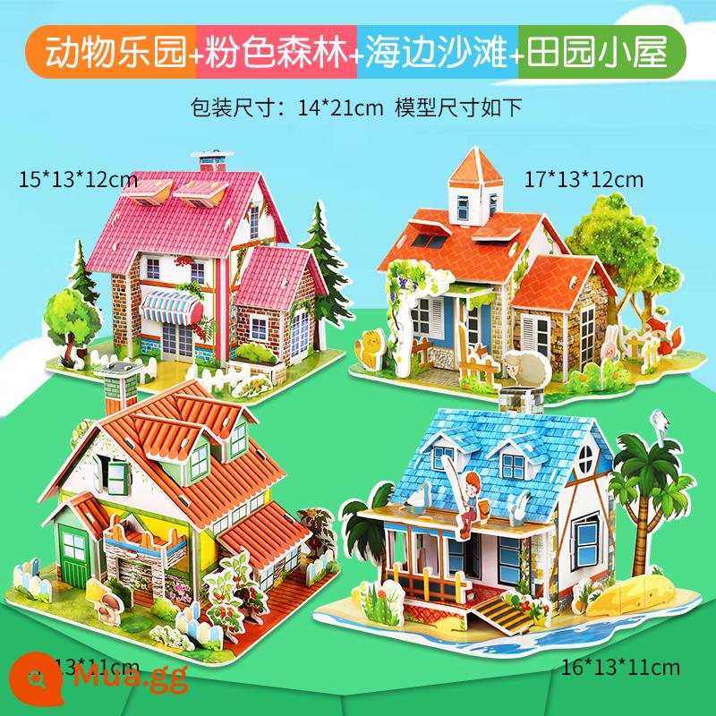 Ba chiều xếp hình 3D mô hình đồ chơi trẻ em lắp ráp nhà phòng DIY thủ công bé trai và bé gái xếp hình trí não-tay - (Cỡ trung bình) Tổ hợp 4 biệt thự Kích thước trung bình