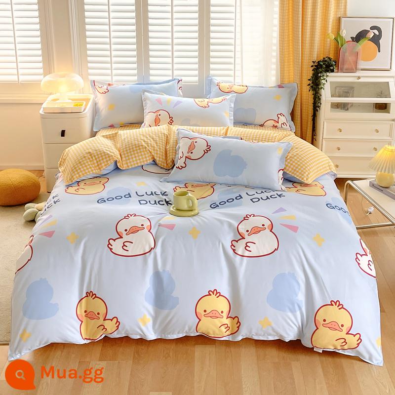 Bộ 4 món cotton 100 cotton nguyên chất Vỏ chăn thân thiện với làn da sinh viên ký túc xá Bộ 3 bộ 4 mùa chăn ga gối đệm đơn giản 3 - Vịt may mắn [Bông loại A dành cho bà mẹ và trẻ sơ sinh]