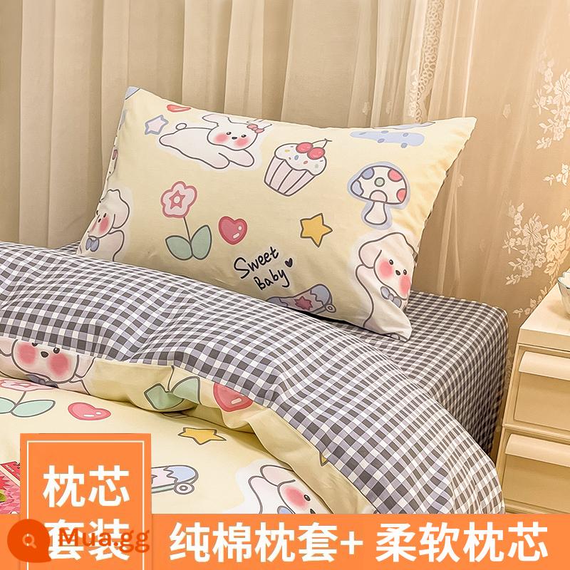 Gối cotton nguyên chất có vỏ gối lõi gối gia dụng bảo vệ đốt sống cổ hỗ trợ giấc ngủ cotton nguyên chất ký túc xá sinh viên đại học đơn nam đôi - [Vỏ Gối + Lõi Gối] Phong Cách Mùa Hè