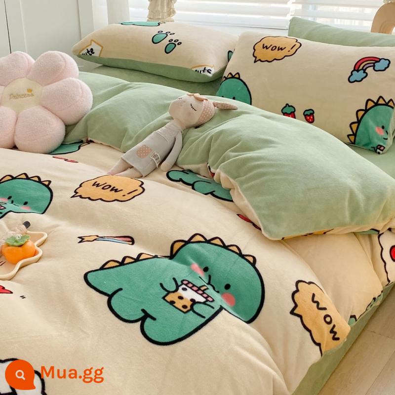 Bed Velvet Bed Velvet nhỏ Bốn bộ giường nhung Velvet Bỉ mặt bích mùa đông - Khủng long màu vàng [nhung sữa mượt]